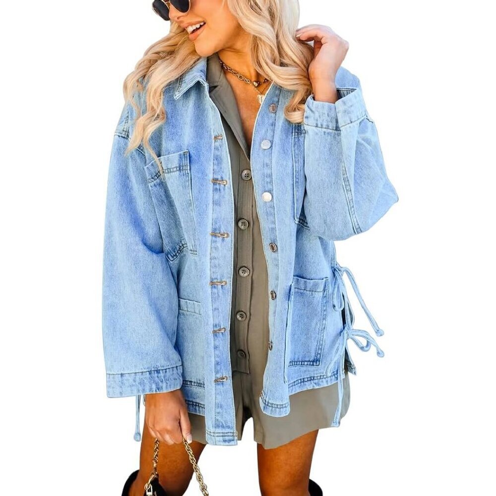Oversized Denim Jacket with Side Bow Tie Detail, 4 Pockets, Drop Shoulder Fit